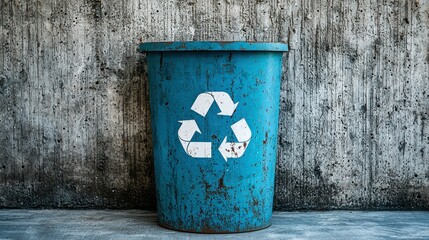 Obraz premium Blue recycle bin against a grey wall