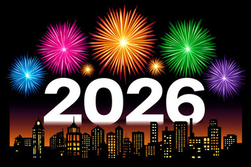 Colorful fireworks celebrating New Year 2026 above a cityscape  