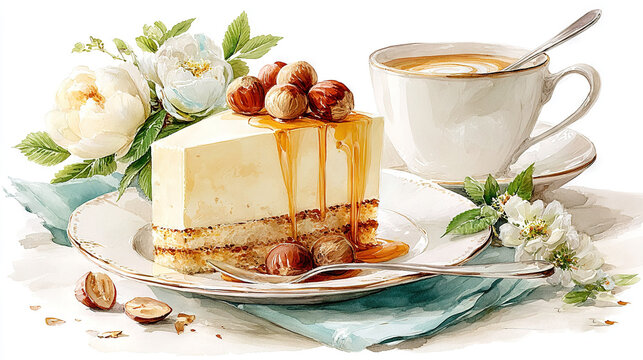   A slice of cake sits atop a white platter alongside a mug of java and a saucer