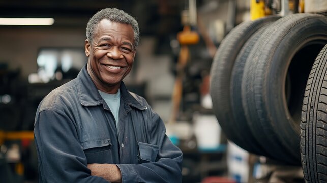 Happy senior mechanic in his tire shop smiling confidently at work man job auto male grey hair blue