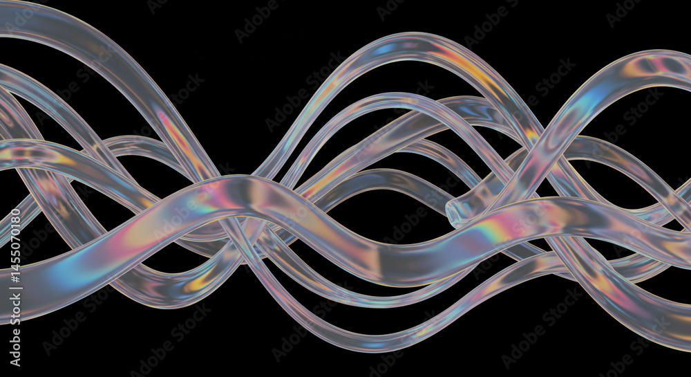 Poster Abstract iridescent tubes intertwining against a dark background creating a wavy pattern