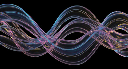 Abstract wavy transparent iridescent tubes against a black background in a horizontal orientation