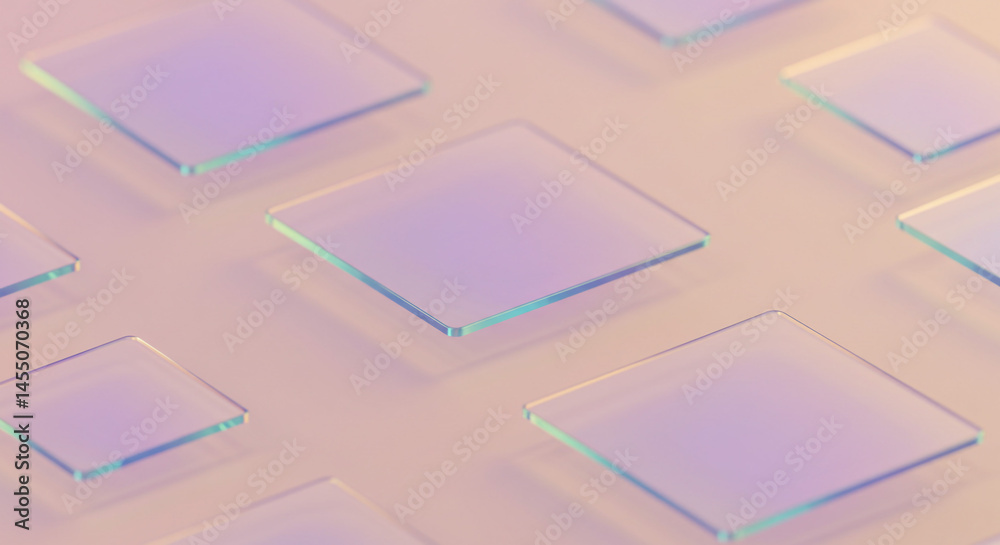 Poster A minimalist arrangement of transparent square tiles on a soft gradient background surface
