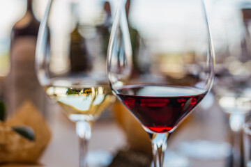 A detailed close-up shot of two elegant wine glasses, one filled with rich red wine and the other with crisp white wine, suggesting a wine tasting event. Bottles are blurred in the background.