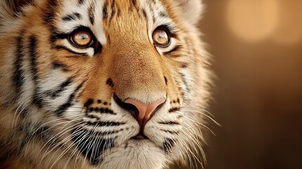   Close-up of a tiger's face with blurry background and soft bokeh  effect