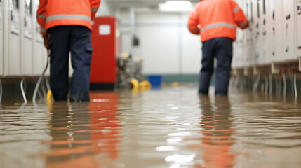Flooded building interior with workers in high-visibility clothing wading through water, indicating potential water damage and emergency response.