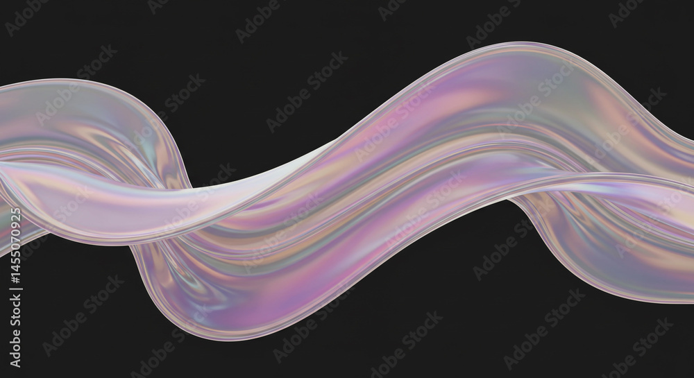 Poster Iridescent ribbon floating against a dark background with smooth curves and subtle color gradients