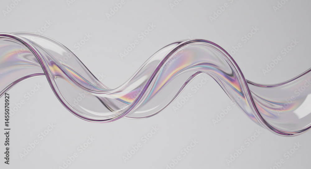 Poster A transparent ribbon with iridescent colors flowing in a wave pattern against a light gray background