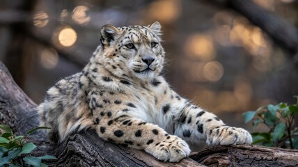 Naklejka premium Snow leopard resting on tree branch with golden forest bokeh background