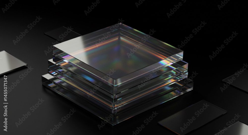 Poster Stack of translucent square blocks with iridescent reflections on a dark surface with metal squares