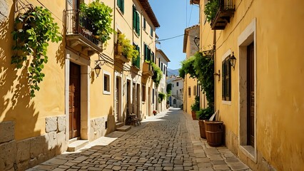 Obraz premium Picturesque Mediterranean Alley with Green Shutters and Potted Plants