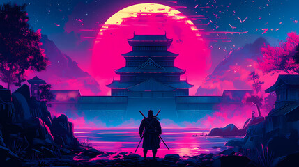 Fototapeta premium legendary ancient samurai neon