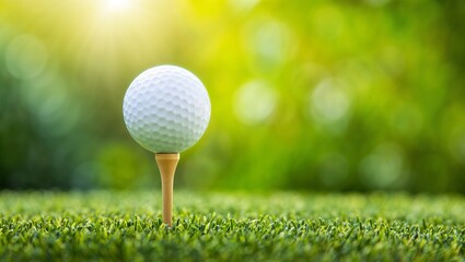 A white golf ball is shown perched on a wooden tee, set against a lush green grassy surface, with a blurred background of greenery and sunlight.

