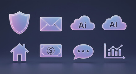 Graphic representation of digital icons including ai clouds and a dollar bill on a dark background