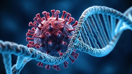 A red virus particle intertwined with a blue DNA double helix represents the concept of genetic mutation and viral infection

