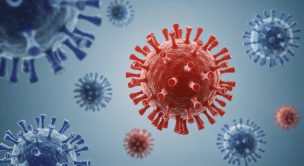Multiple virus particles are floating in a blue environment, with one prominent red virus in the center, representing the concept of viral infection and disease transmission