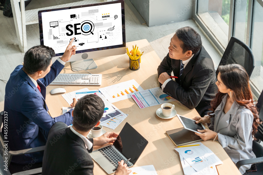 Wall mural seo search engine optimization for modish e-commerce and online retail business showing on computer 