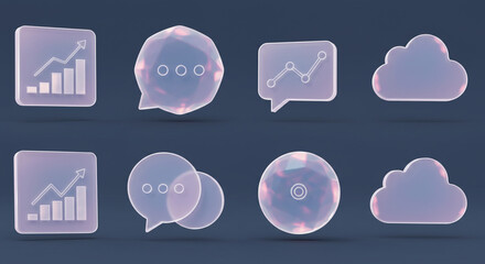 A collection of translucent icons including charts, speech bubbles, and clouds on a dark background