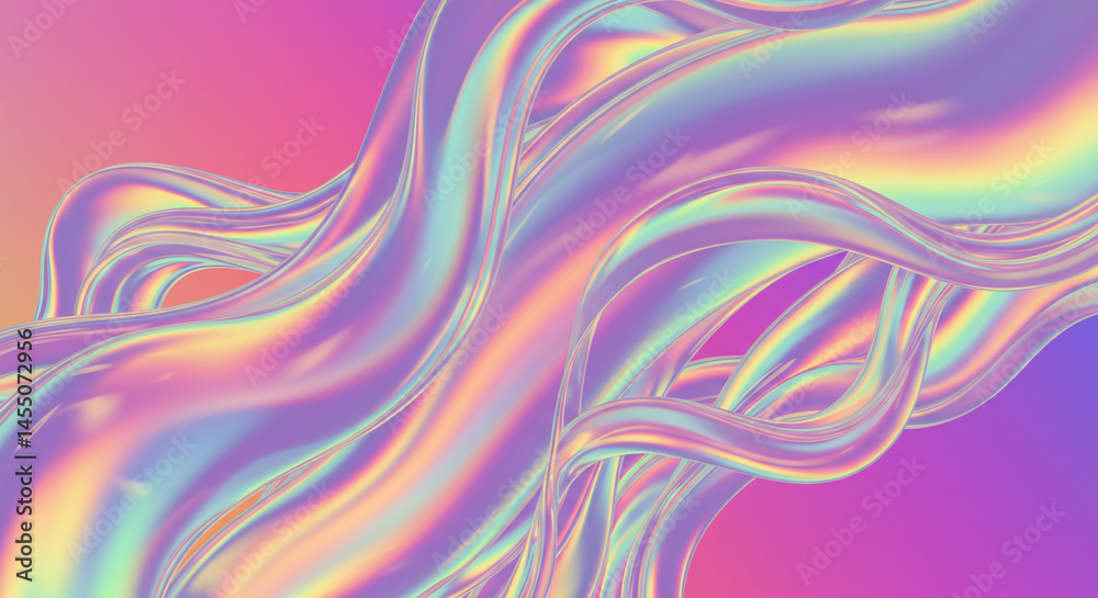 Poster Iridescent flowing lines on a vibrant gradient background creating a modern abstract design