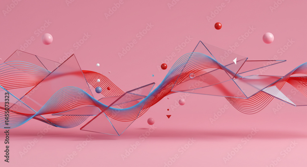 Poster Abstract pink background with geometric shapes and wavy lines creating a modern design