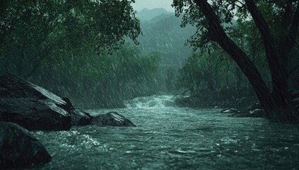 A rushing river flows through a misty, rain-swept forest.  Dark rocks flank the water's edge.  Heavy rain falls