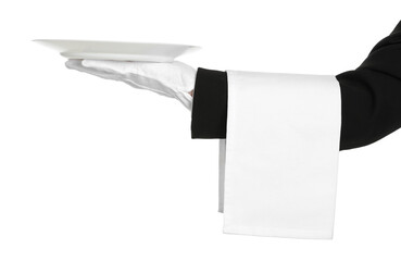Man with empty plate and napkin on white background, closeup