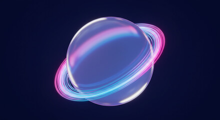 Abstract rendering of a planet with rings in blue and pink against a dark blue background