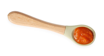 Baby food. Tasty puree in spoon isolated on white, top view