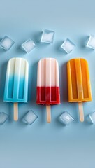 Vibrant, minimalist composition featuring colorful popsicles arranged horizontally against a soft light blue background