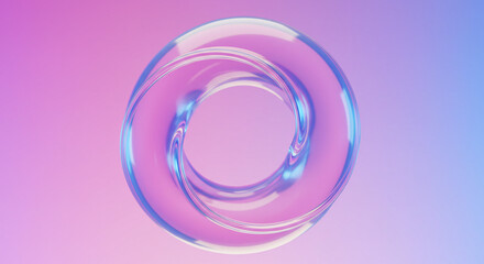 Iridescent torus with pink and blue gradient background in a futuristic style render design art
