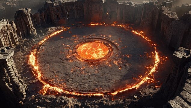 Fiery circular crater, surrounded by molten rock and ancient stone walls. A glowing, hot center