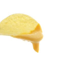 Melted cheese flowing from potato chip on white background