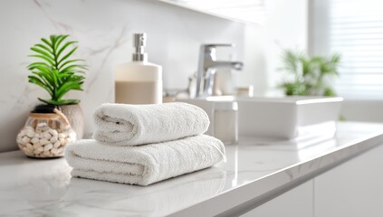 Elegant bathroom with white towels and modern decor.