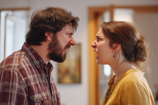 Caucasian couple in heated argument at home.
