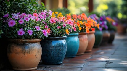Colorful potted flowers line a patio, showcasing vibrant hues in a garden setting.