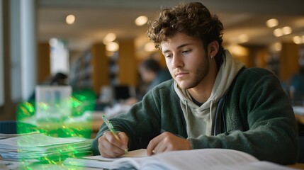 Focused student in a library, illuminated by creative energy, jotting down notes and engaging in intense study session for upcoming test.