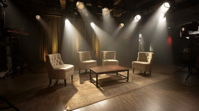 Empty stage setup with chairs and table under spotlights for a talk show style presentation