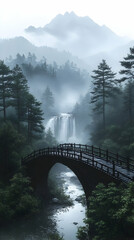 Misty mountain scene with arched bridge over cascading waterfall and tranquil stream