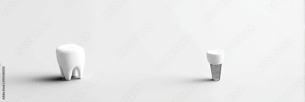 Poster minimal dental layout features a single clean tooth implant alongside a natural tooth on a bright ba