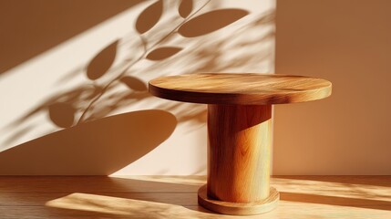 Minimalistic wooden table with leaf shadows.