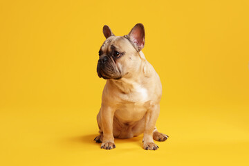 Adorable French bulldog dog sitting on yellow background