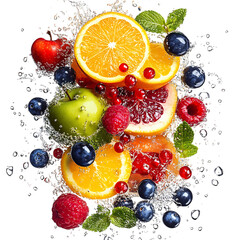 Radiant Crisp Creation IX Dynamic Mix of Citrus Berry with Fruit and Water Splash Isolated on Transparent Background