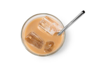Tasty iced coffee in glass isolated on white, top view