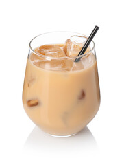 Tasty iced coffee in glass isolated on white