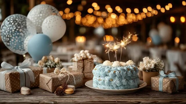 Light-blue frosted cake with sparklers, gifts, and balloons on a rustic wooden table.  Decorative elements suggest a celebration, perhaps a birthday