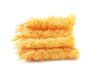 Many tasty tempura shrimps isolated on white