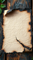Charred parchment paper with illegible text rests on dark wood, showing scorch marks and a central tear.  Green leaves partially visible at the top