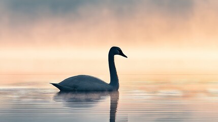 Fototapeta premium Swan swimming in water with sunset background and cloudy sky