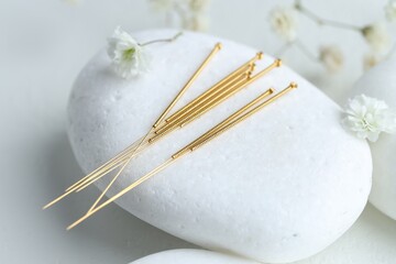 Acupuncture needles, pebble stone and flowers on light table, closeup