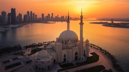 Naklejka premium Stunning Mosque View at Sunset in Sharjah with City Skyline